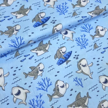Tricoline Baby Shark Azul 100% algodão